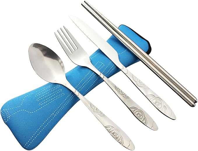 4 piece stainless steel (knife, fork, spoon, chopsticks) , travel / camping cutlery set with