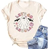 Let's Go Ghouls Shirt for Women Cute Boo Ghost Halloween T-Shirt Dancing Skeleton Tee Spooky Season Tops
