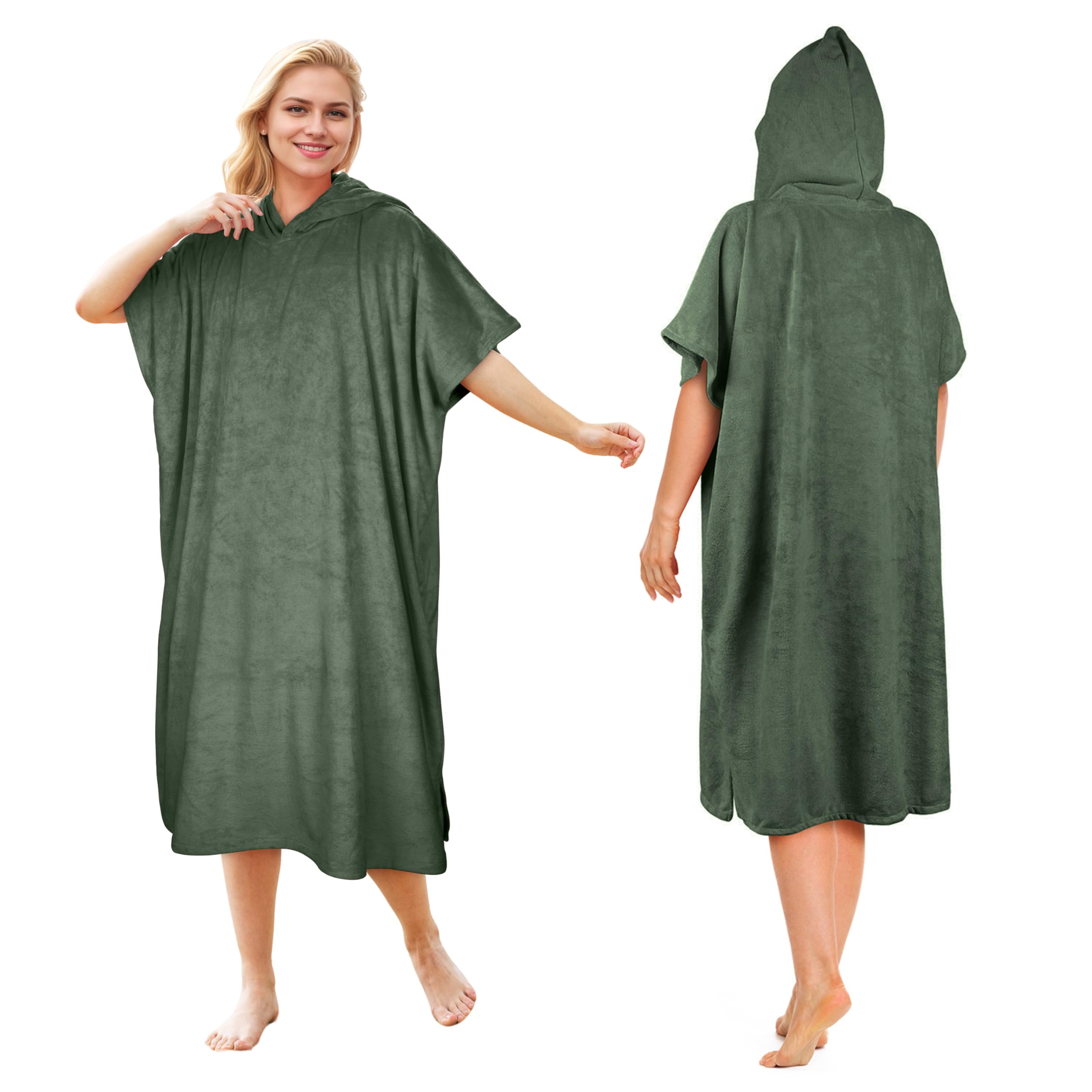 Kato Tirrinia Hooded Poncho Towel Changing Robe Adults, Surf Windproof Beach Robe Swim Towel for Outdoor Use, Super Water Absorbent Compact & Light Weight, One Size Fit Men Women Army Green