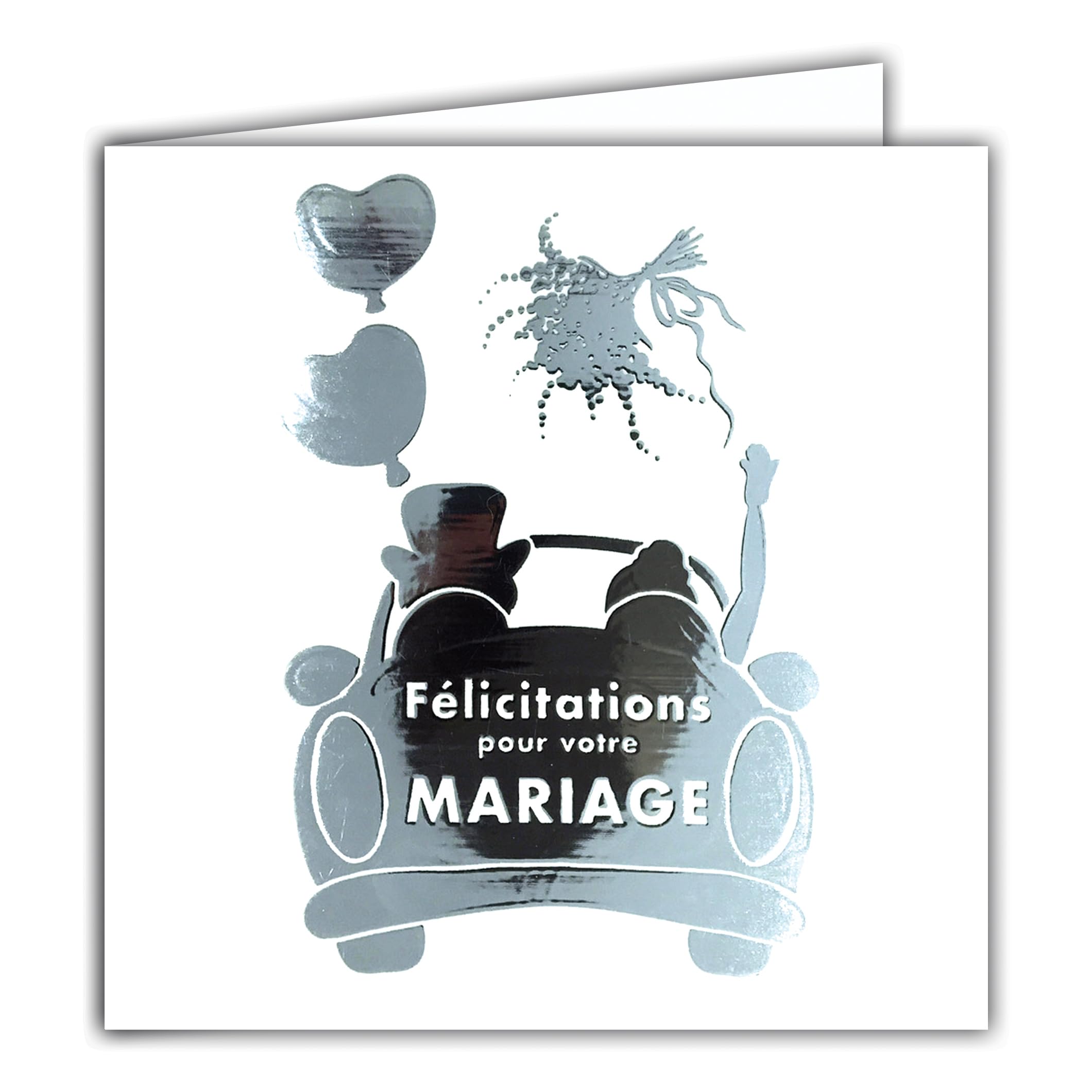 22241 Square Card Congratulations for Your Wedding Bride and Groom Car Shiny Silver with White Envelope 15 x 15 cm Couple Bouquet Balloons Hearts Creation Edition Print Made in France