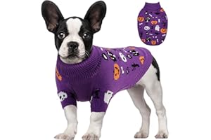 OTOB Halloween Sweater for Medium Dogs, Knitted Turtleneck Dog Sweaters, Warm Pet Sweatshirt Clothes for Holiday Thanksgiving Christmas Party Costume with Pumpkin Ghost Bat Spider, Purple, XL