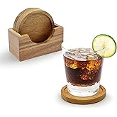 Acacia Wood Coaster Set of 4 with Holder, Non-Slip Heat-Resistant Wooden Coasters, Modern Decorative Coasters for Coffee Table, Dining Table & Kitchen Accessories