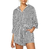 MINTLIMIT Womens 2 Piece Outfits Striped Long Sleeve Button Down Collared Shirt Shorts Sets