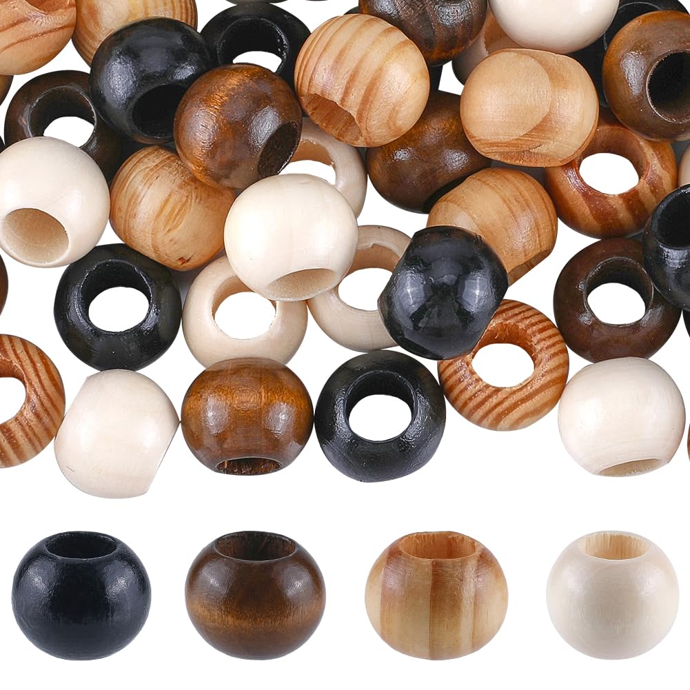 GORGECRAFT 60Pcs 4 Colors Loose Wooden Beads 10MM Large Hole Spacer Ball Bead 20MM Natural Brown Tone Round Unfinished Wood Beads Bulk for Jewelry Making Holiday Decoration DIY Craft Project
