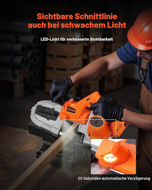 20 V Akku Bandsäge, 65 mm Schnitttiefe, mit bürstenlosem Motor, kabelloses & kompaktes Portaband, Aufhängehaken, 0–192 m/min variable Drehzahl, zum Schneiden von Metall, Holz (nur Werkzeug)