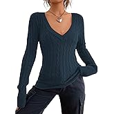 ZAFUL Women's Cable Knit V Neck Sweater Slim Fit Long Sleeve Knitwear Casual Pullover Jumper Tops
