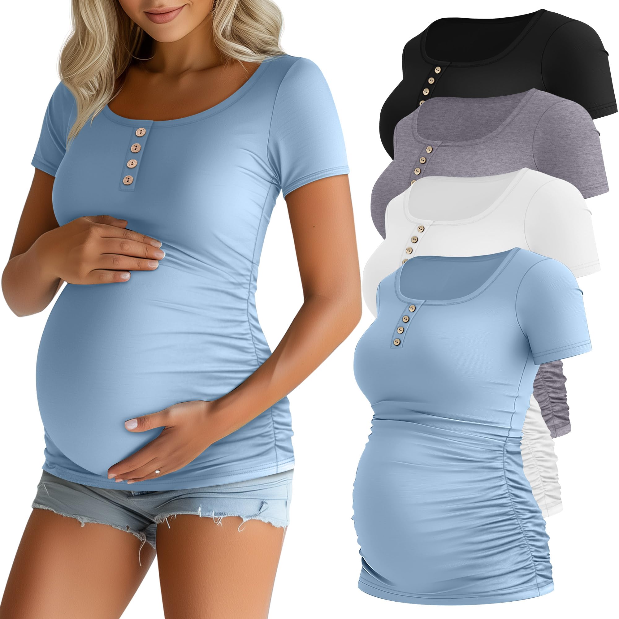 Photo 1 of Riyiper 4 Pack Women's Maternity Shirts, Henley Scoop Neck Pregnancy Tee Tops Short Sleeve Side Ruched Mama Clothes(Black, Light Heather Gray, White, Light Blue,X-Large)