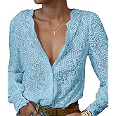 LUXVEER Lace Tops for Women Dressy Casual Blouses Puff Long Sleeve V Neck Button Down Business Work Shirts