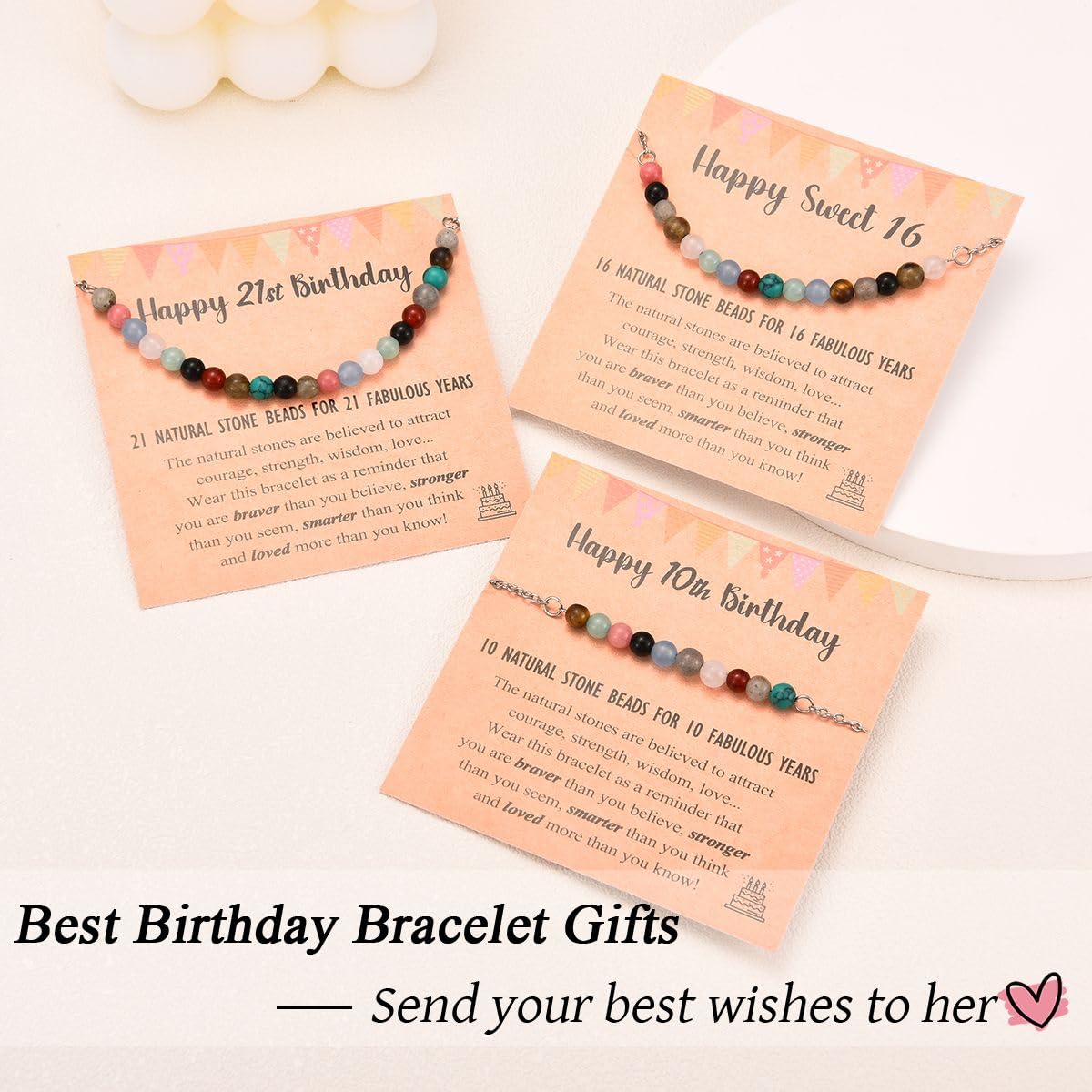 Leyung 6-21 Year Old Birthday Gifts for Girls Women, Tiny Natural Stones Birthday Bracelet Gifts for Daughter Granddaughter Niece with Happy 6th-21st Birthday Card