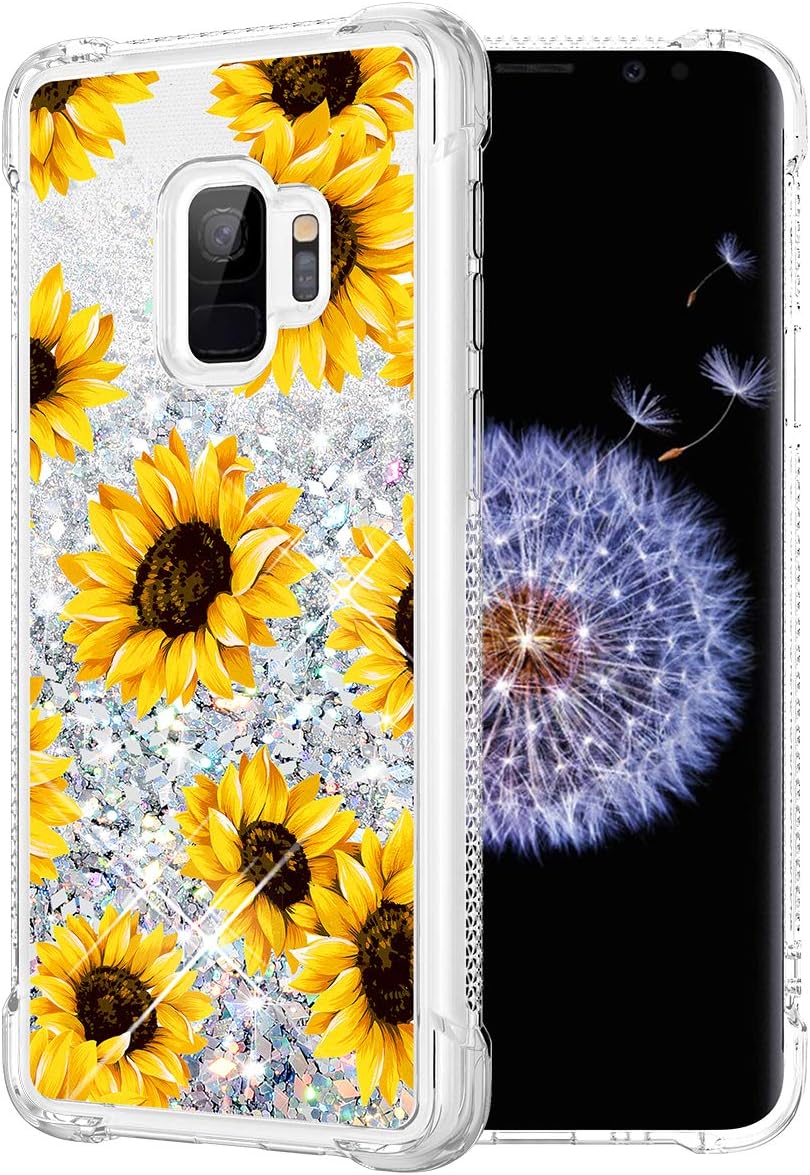 Caka Galaxy S9 Case, Galaxy S9 Glitter Case Sunflower for Girls Women Bling Liquid Flower Floral Fashion Flowing Floating Sparkle Glitter Soft TPU Case for Samsung Galaxy S9 (Sunflower)