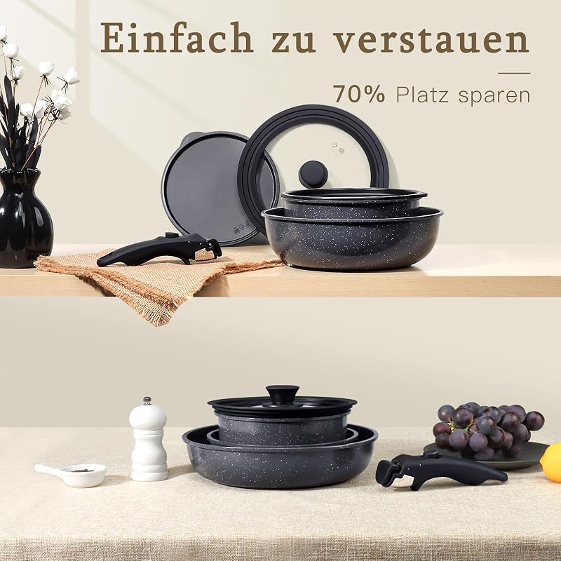 15-teiliges Granit Topf- und Pfannenset,Antihaft mit abnehmbarem Griff
