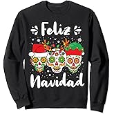 Feliz Navidad Sugar Skulls Christmas Reindeer Santa Mexican Sweatshirt