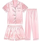 TinyChoice 3 Piece Silk Satin Pajama Set for Women Soft Short Sleeve Button Down Pjs with Shorts Long Pants Sleepwear S-XXXL