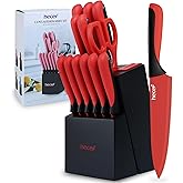 hecef 13 Pieces Kitchen Knife Set with Built-in Sharpening Wooden Block, Dishwasher Safe, High Carbon Stainless Steel Knife Block Set with Steak Knives, Kitchen Scissors, Red