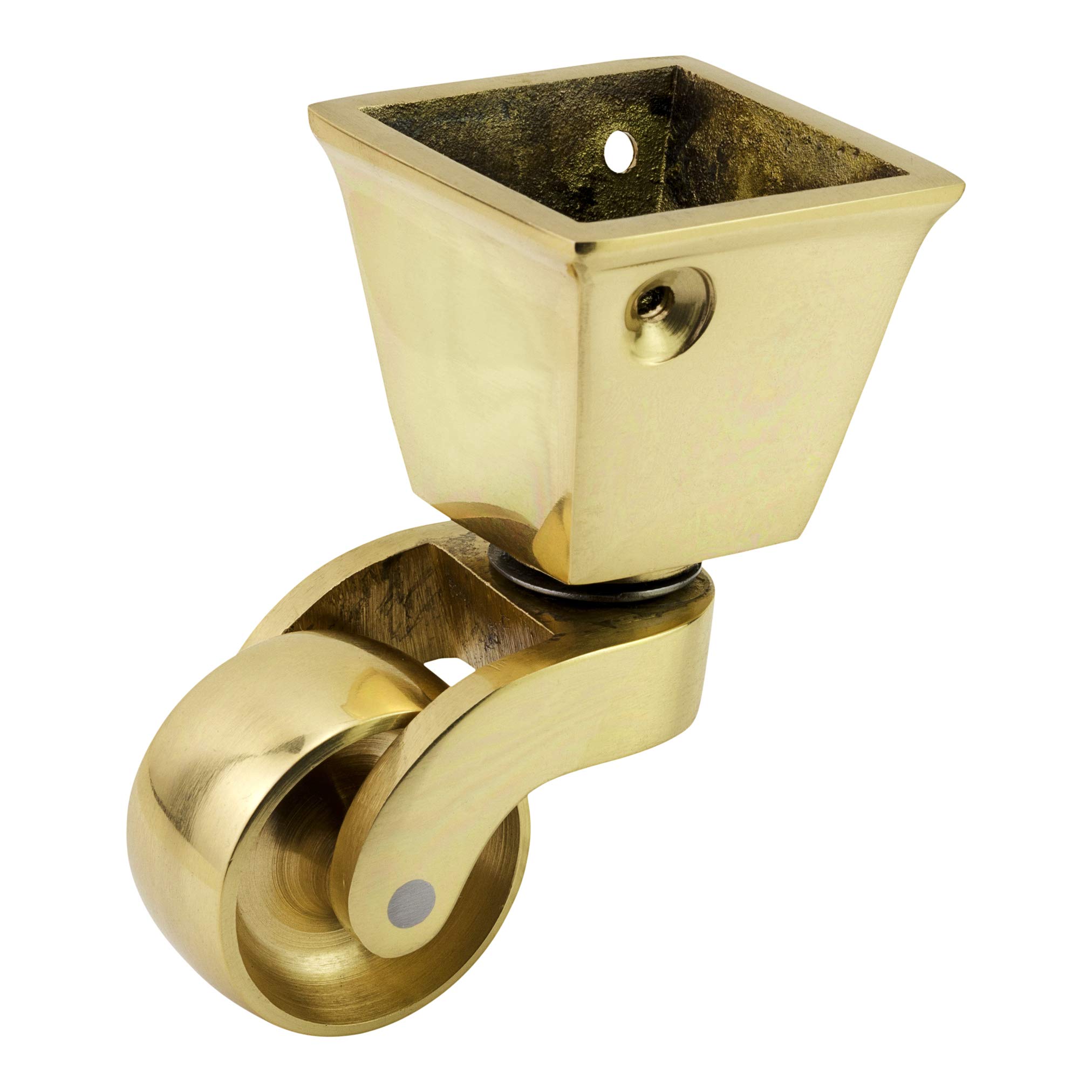Solid Brass Castor Caster with 32mm Wheel (Single Piece) – Genuine Solid Polished Brass – Antique Vintage – Square Cup Style Fitting – Polished Brass – UK Company