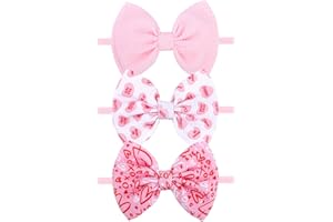 Lanmerry Valentine's Day Baby Girl Bows Headbands Pink Red Love Heart Headbands Valentines Hair Bow Elastic Nylon Hairbands Hair Accessories for Newborn Infant Toddler 3Pcs