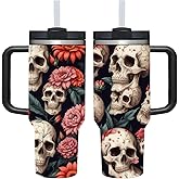 AMZUShome 40 OZ Goth Black Skull Tumbler with Handle.Skull Lover Goth Gifts.Unique Birthday Christmas Halloween Gifts.Personalized 40 OZ Goth Black Skull with Flower Tumbler Gifts for Women Men.