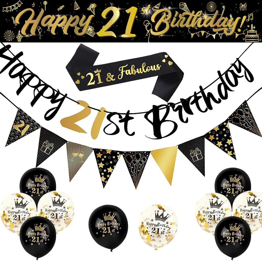 Yontree 14-Piece 21st Birthday Decorations Kit - Banner, Balloons, Confetti