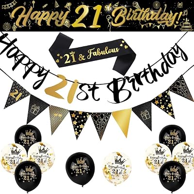 Yontree 14-Piece 21st Birthday Decorations Kit - Banner, Balloons, Confetti