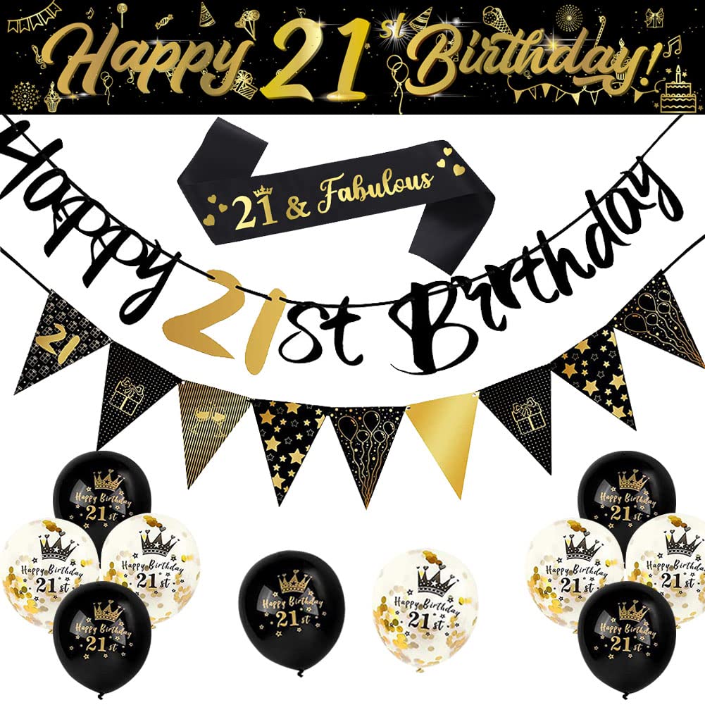 14-Piece 21st Birthday Decorations Kit - Party Supplies, 9ft Banner, Triangle Flags, Confetti, Latex Balloons