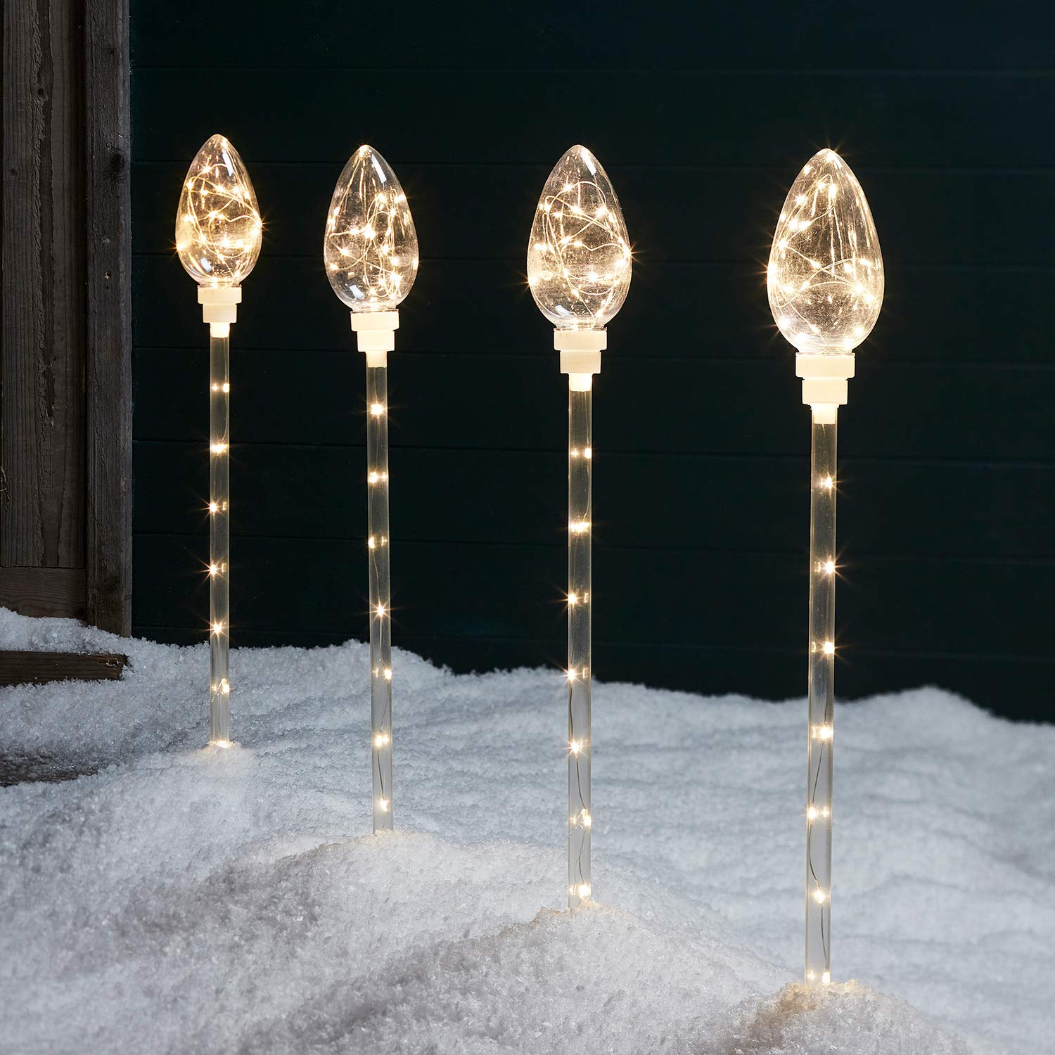 Lights4fun Set of 4 C9 Light Bulb Plug in Outdoor Christmas Pathway Stake Lights with Warm White Micro LEDs 67cm