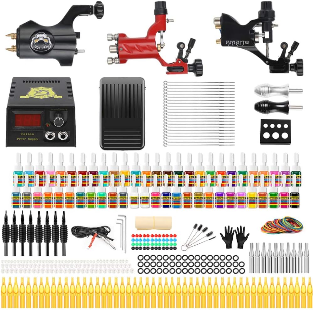 STHfficial Professional Full Tattoo Kit 3 Rotary Tattoo Machine Alloy 54 Color Ink Set Power Supply Complete Tattoo Kits TK355,TK355