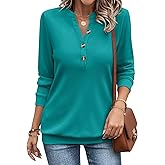 EADINVE Womens V Neck Long Sleeve Sweatshirts Half Button Lightweight Pullover Fashion Fall Clothes