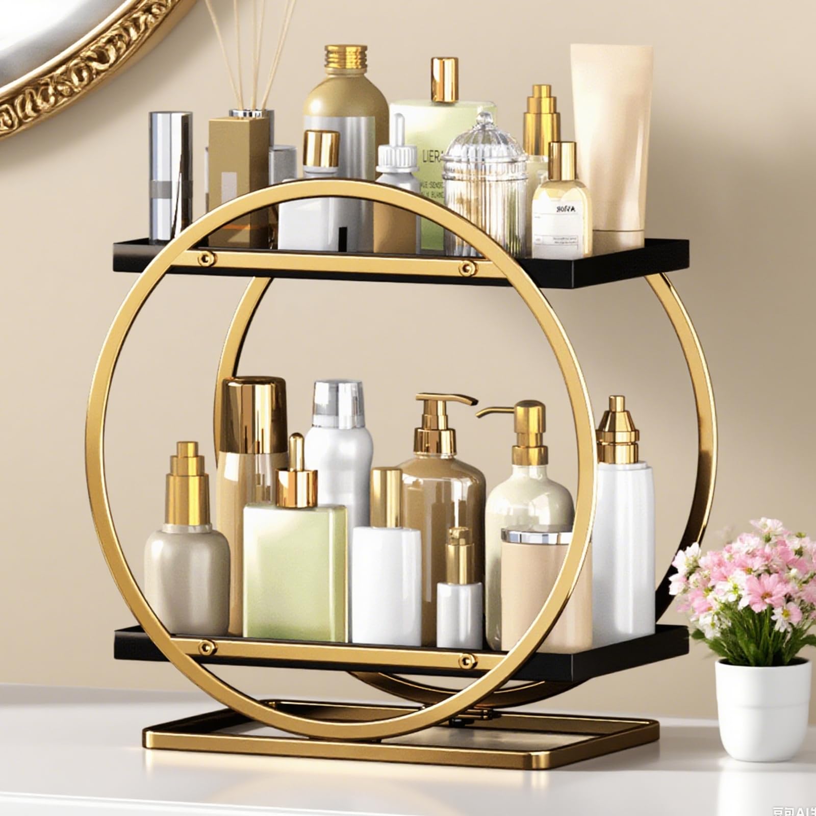 Photo 1 of YIWANFW Makeup Organizer for Vanity, Black Gold Perfume Organizer for Dresser, 2 Tier Bathroom Countertop Organizer, Skin Care Organizers Bathroom Counter Shelf Perfume Holder Cosmetic Display Tray