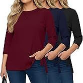 Evervibe 3 Pack Women's Plus Size 3/4 Sleeve Tops Side Slit Round Neck T-Shirt Loose Fit Casual Basic Tunic Tee