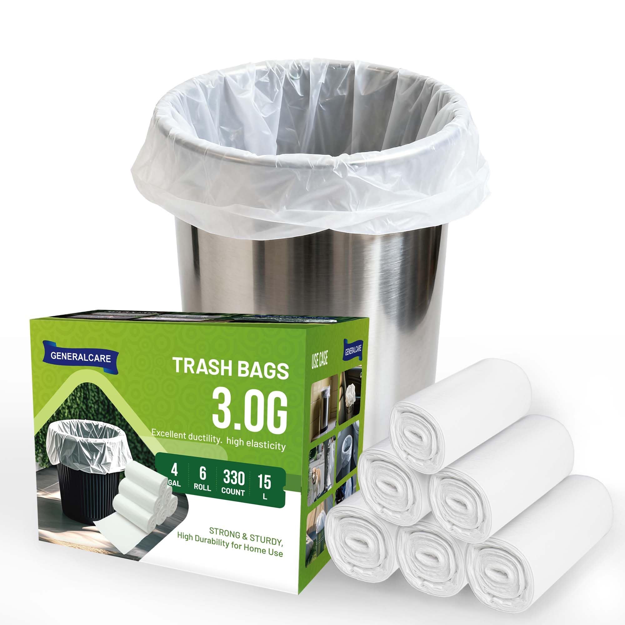 Photo 1 of 4 Gallon Small Trash Bags 330 Count Tear & Leak Resistant Small Garbage Bags For Bathroom White Trash Can Liners 3G each super strong