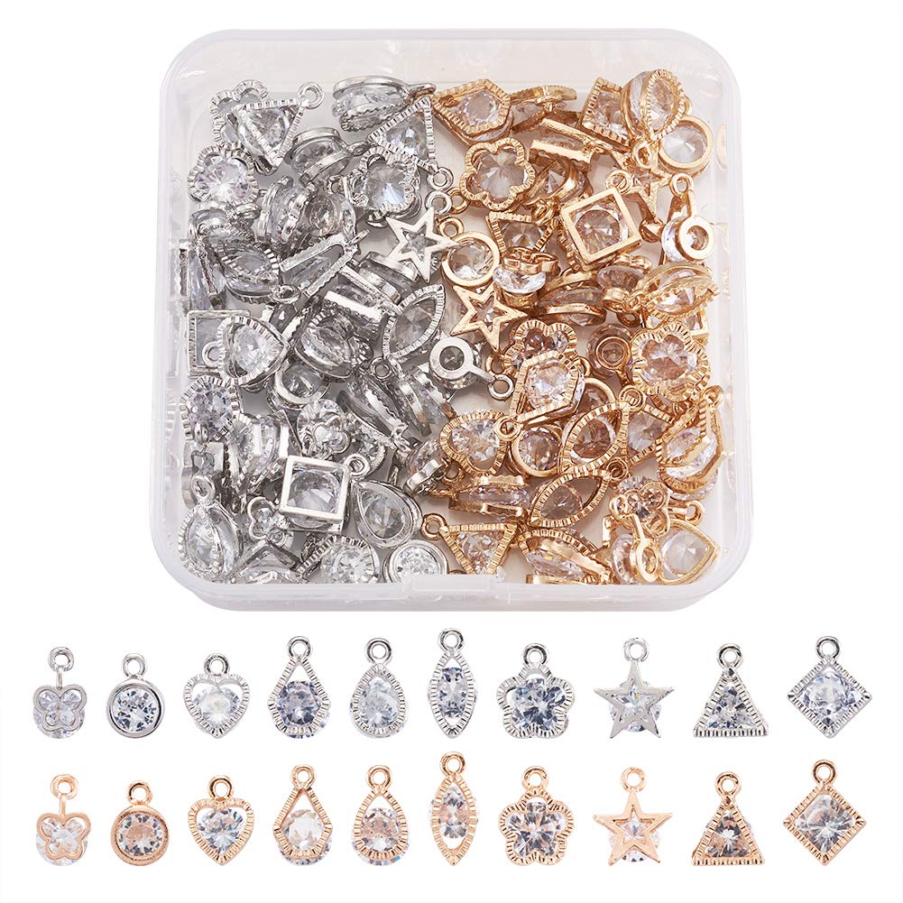 FASHEWELRY 80pcs/box Clear Cubic Zirconia Charm Pendants Mixed Shapes Alloy Dangle Charms Light Gold & Platinum for Bracelet Necklace Earring Jewellery Making