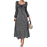 Milumia Women's Elegent Polka Dots Puff Sleeve Maxi Dress Lace Trim Sweetheart Neck A Line Dresses Spring Outfits