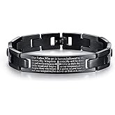 Bestdays Men's Vintage Stainless Steel Black Cross Silver English Bible Lords Prayer Religious Link Wrist Bracelet (cross middle, black, 7.9 inch)