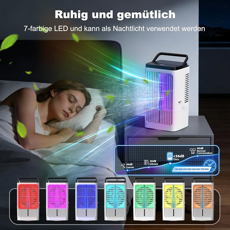 Klimaanlage Mobil, Mini Luftkühler, mit 2 Sprühstufen & 4 Geschwindigkeitsstufen, 1200ml Wassertank, 7 Farben Nachtlicht, 1-8 Stunden Timer, für Schlafzimmer und Büro (Cremeweiß) — Foto 4 von 7
