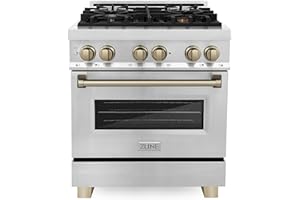 ZLINE Autograph Edition 30 in. 4.0 cu. ft. Legacy Dual Fuel Range with 4 Burner Gas Cooktop and Electric Convection Oven in Stainless Steel and Champagne Bronze Accents (RAZ-30-CB)
