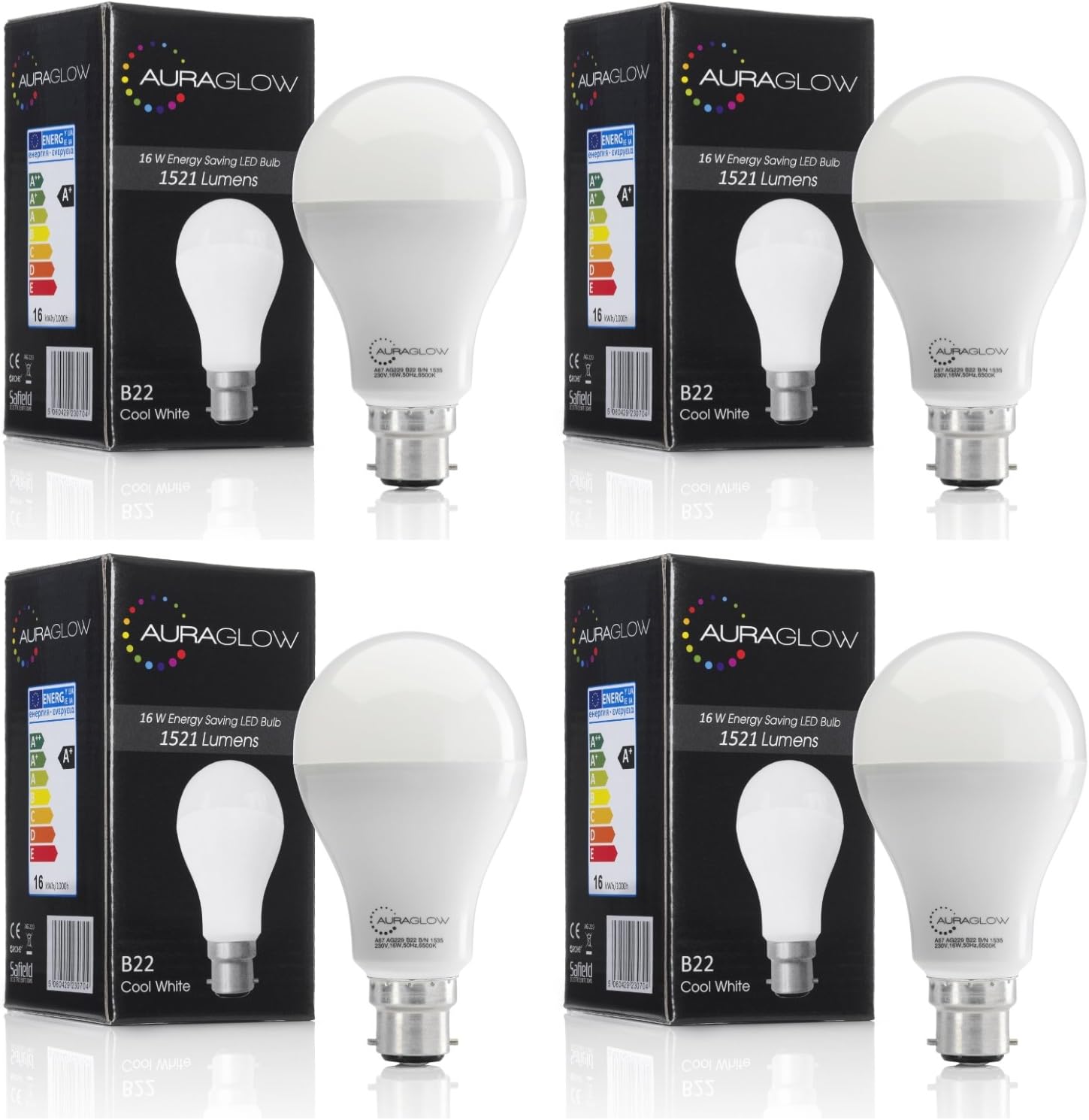 AURAGLOW Super Bright 15w LED B22 Bayonet Light Bulb, Cool White, 6500K -1521 Lumens - 100w EQV - Four Pack [Energy Class A+]