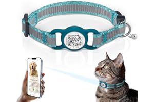 Feeyar Breakaway Cat Collar Integrated Silicone QR Tag, Personalized Reflective GPS Tracking Cat Collar with Bell for Girls Boys Small Large Cats [Blue] 9.5-14 Inch