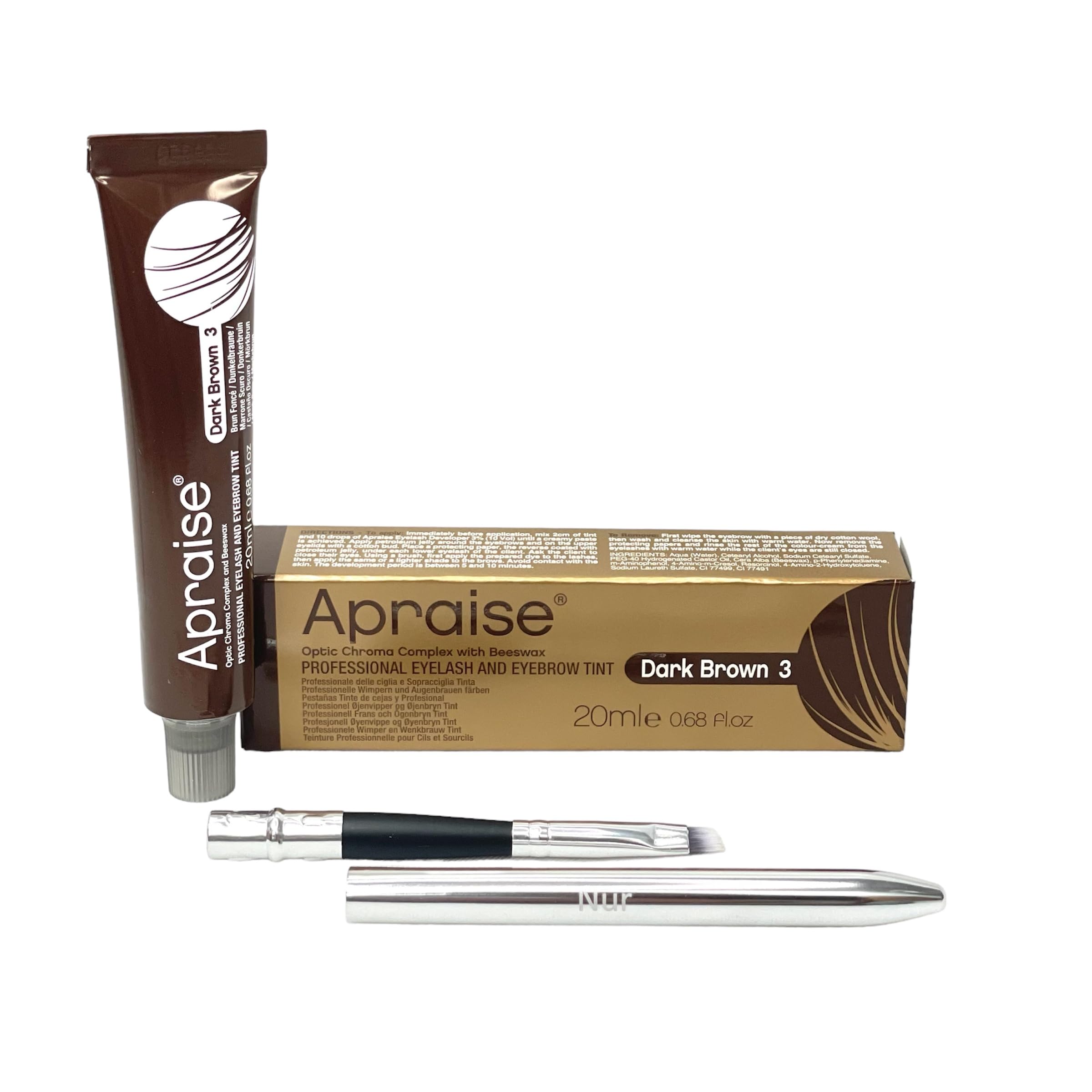 Nūr Tinting Brush with Aluminium Handle and Foldable Design | Eyebrow & Eyelash Tint 20ml Compatible With Apraise | Best Brow & Lash Semi-Permanent Dark Brown Colour Dye | UK Brand
