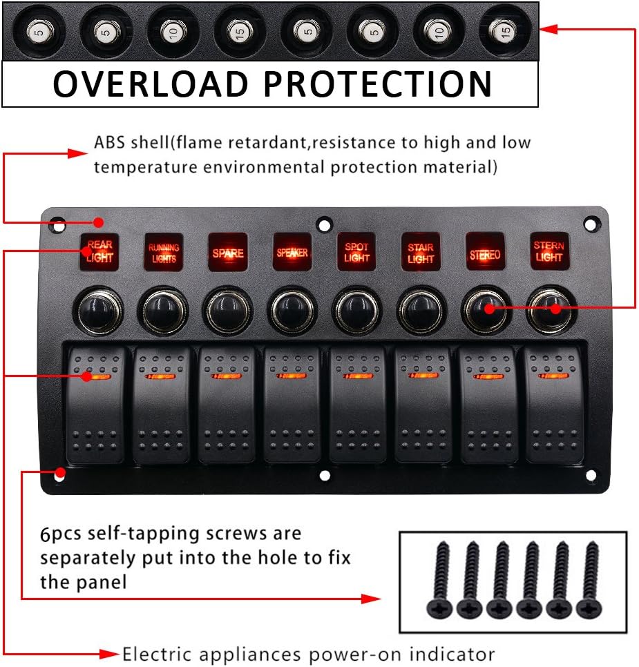 WUPP Boat Rocker Switch Panel Waterproof 8 Gang 3PIN & Circuit Breaker Overload Protection LED Switch Panel DC12/24V ON-Off Aluminium Switches for Marine RV Car Truck Trailer, Christmas Gift Idea: Industrial & Scientific