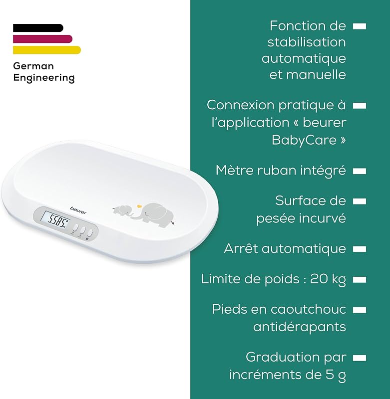 BY 90 Pèse-bébé connecté avec ruban mesureur intégré, application gratuite (iOS + Android), capacité de charge de 20 kg et fonction de maintien pour bébés gigoteurs