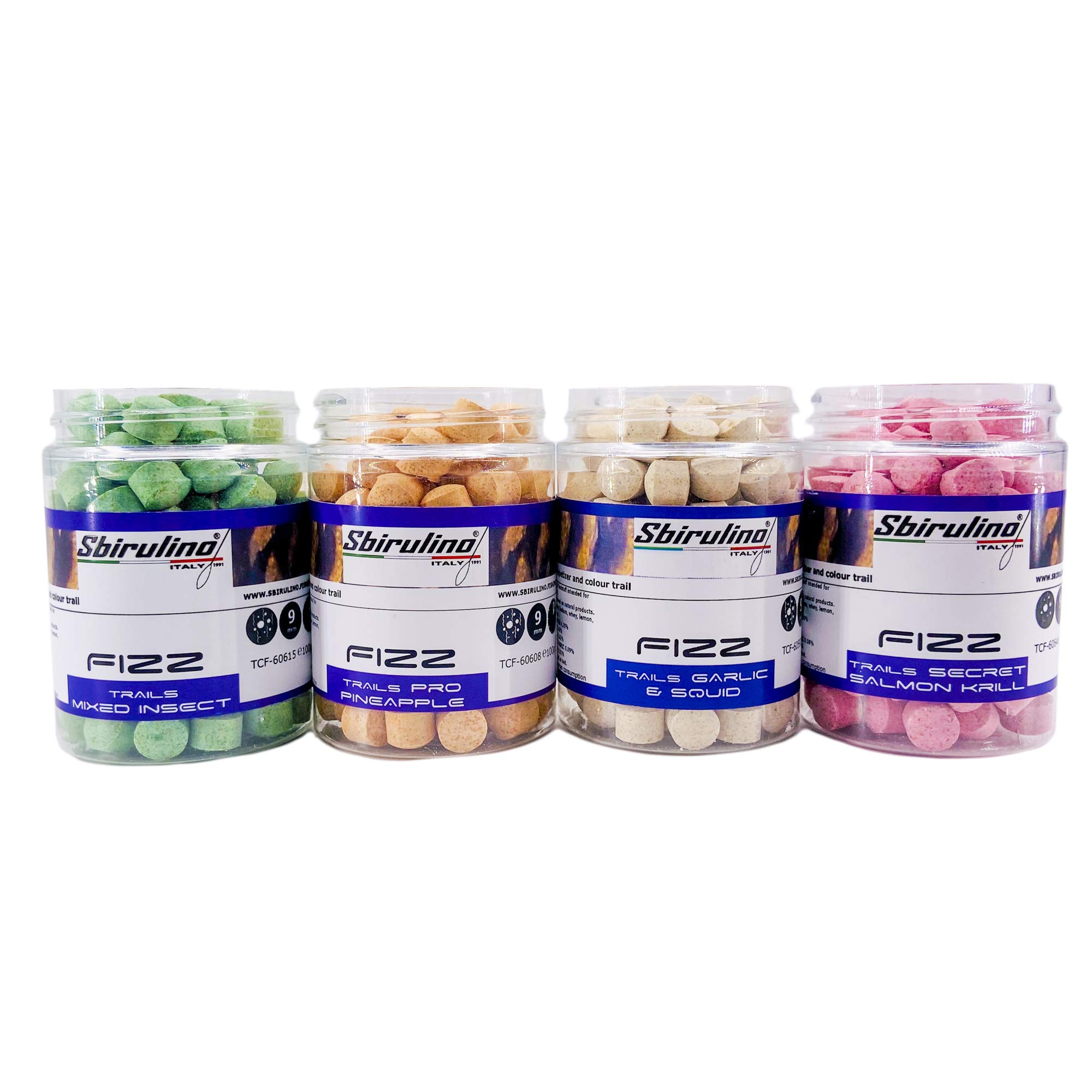 Sbirulino Kit of 4 jars of 100 g of tablets Ø9 effervescent for Carp, Assorted Flavours