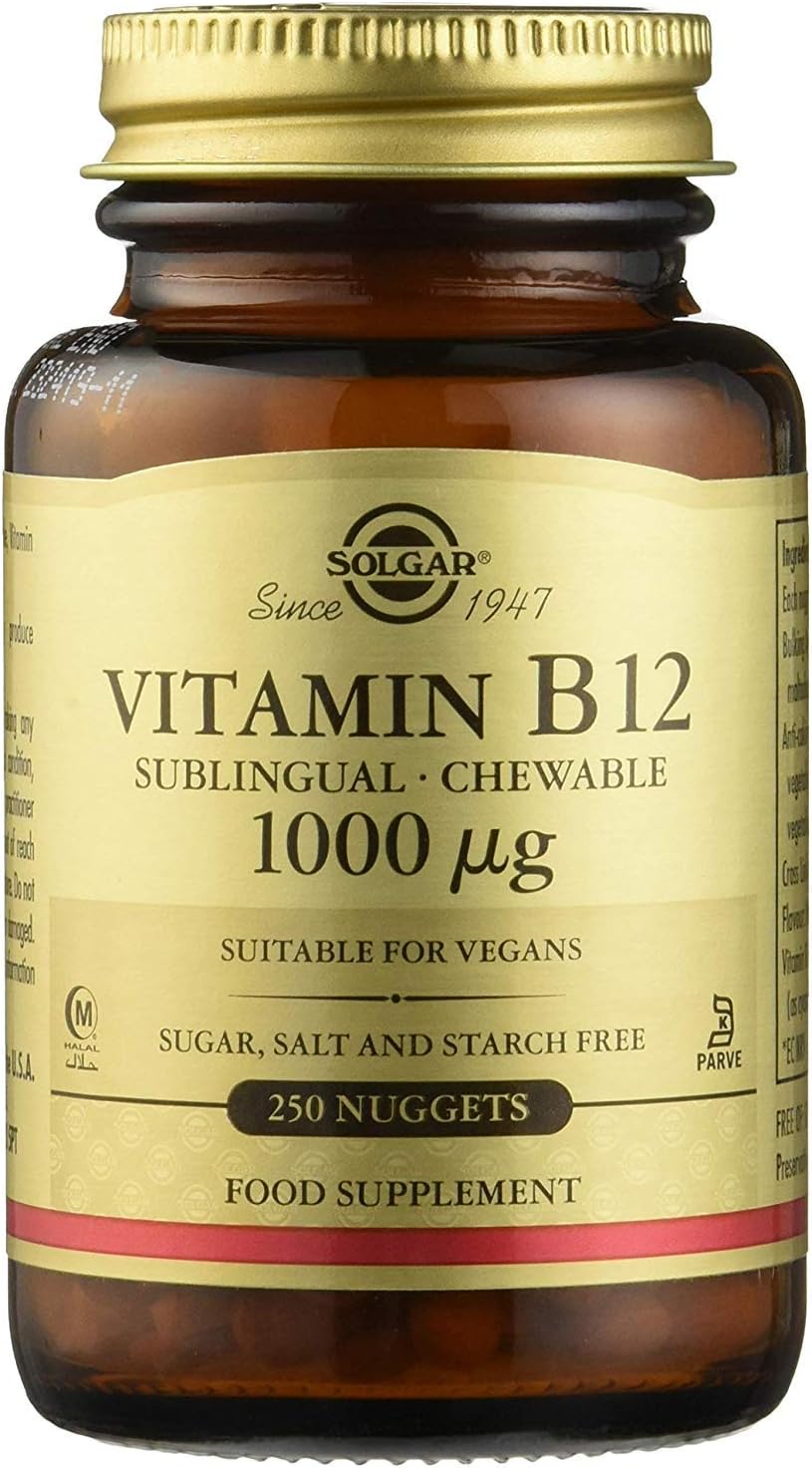 Solgar Comprimidos Masticables Sublinguales Vitamina B 12 1.000 mcg, Equilibrio psicológico, Reduce el Cansancio, Sabor Cereza Natural, Apto para Veganos, 250 Tabletas