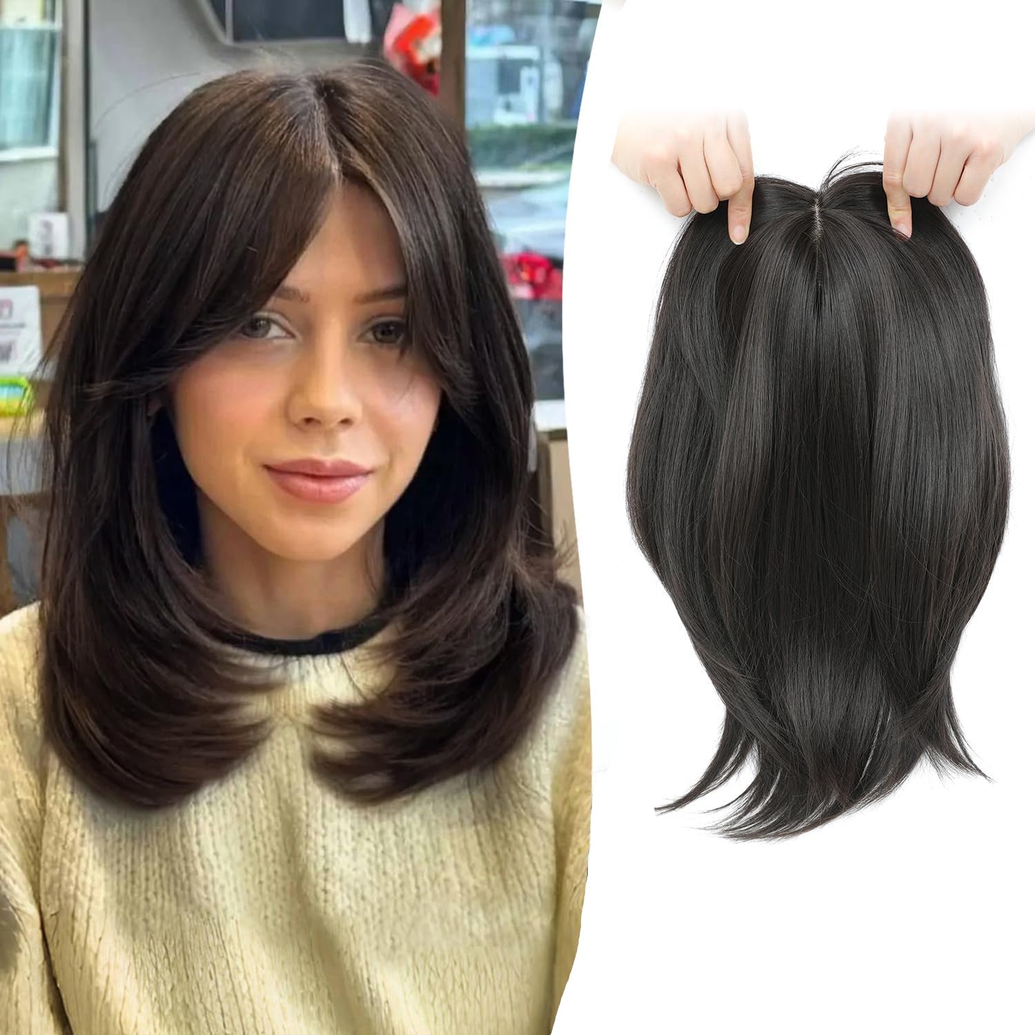 MORICHY Hair Toppers for Thinning Crown, 6.5x6.5inch Large Base to Cover Gray or Hair Loss, Synthetic Extensions Clip in Fringe for Daily Use (Brown Black)