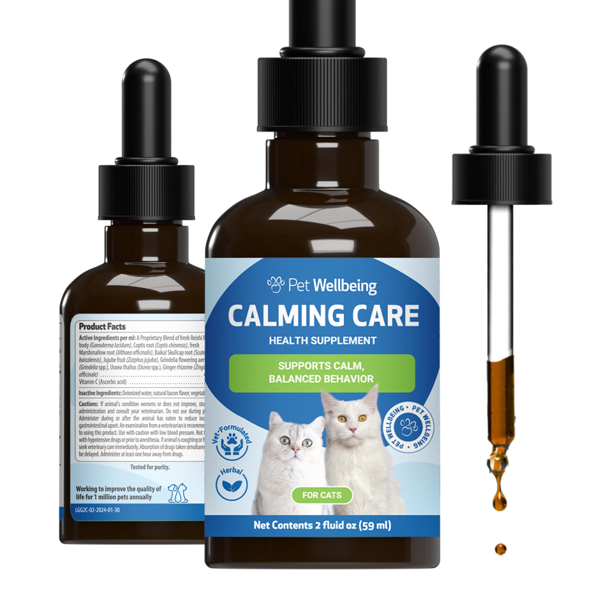 Pet Wellbeing Calming Care for Cats - Calm Support, Relaxed Nervous System, Emotional Balance, Adaptogens, Ashwagandha, Holy Basil - Veterinarian-Formulated Herbal Supplement 2 oz (59 ml)