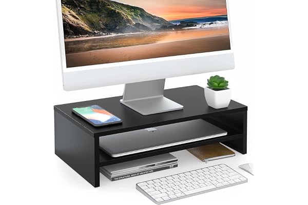 FITUEYES Computer Monitor Stand 16.7 inch 2 Tiers Laptop Riser,Black | Monitor Stand,Desk Organizer with Keyboard,Laptop Rise