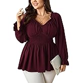 SCOMCHIC Womens Plus Size Tops Long Sleeve Blouse Ruffle Sweetheart Neckline Smocked Peplum Babydoll Top