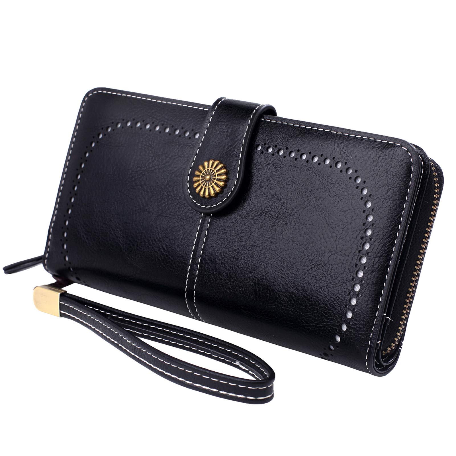 HXT-OAK Women's Long Cutout Wallet in PU Leather with Sunflower Trim and Detachable Hand Strap with 13 Card Slots to Hold Phones up to 6.7" Black