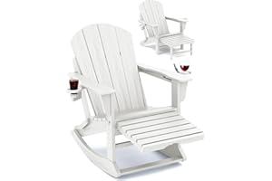 KINGYES Folding Adirondack Rocking Chair with Retractable Ottoman and Cup Holders, 4-in-1 Multifunctional HDPE Adirondack Chair for Porch, Patio, Balcony, White