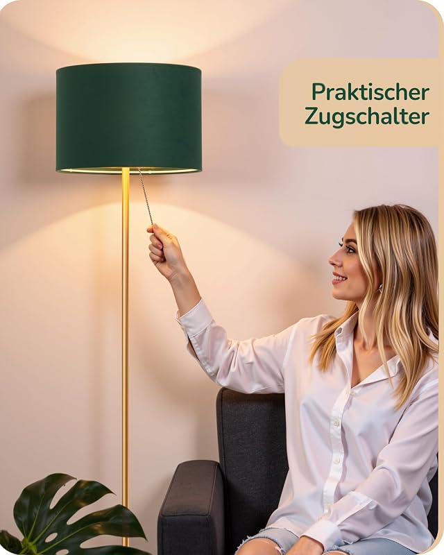 Stehlampe Wohnzimmer, Samt-Lampenschirm, Grün & Gold