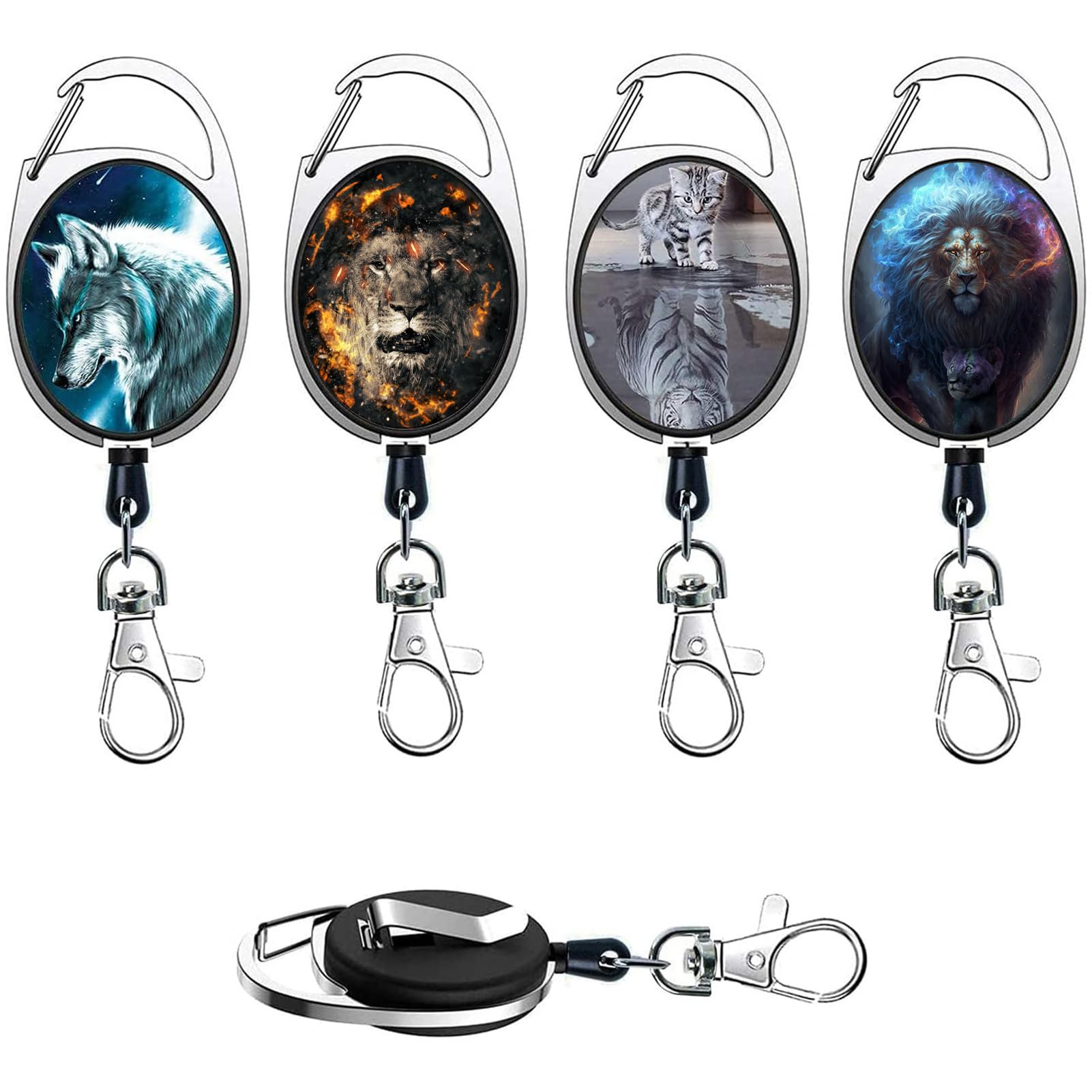 Ulife Mall 4 PCS Personalised Retractable Keychains Badge Reel Clips, Carabiner Lanyard Extender with Steel Belt Clips Badge Reel Holder with Pattern for Key Ring ID Name Card(Style 1)